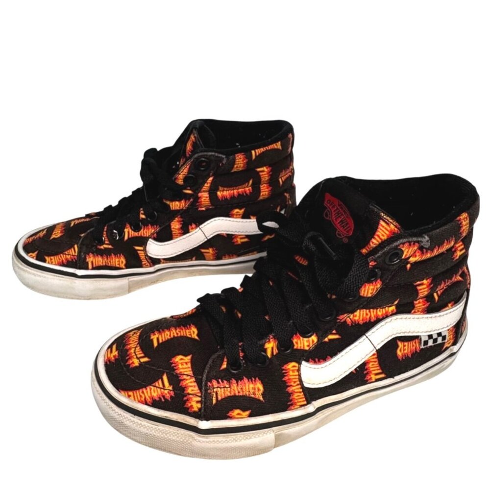 Vans X Thrasher Sk8-Hi Flame Print Sneakers Size 5.5 Black & Orange Canvas Skate - Picture 1 of 7